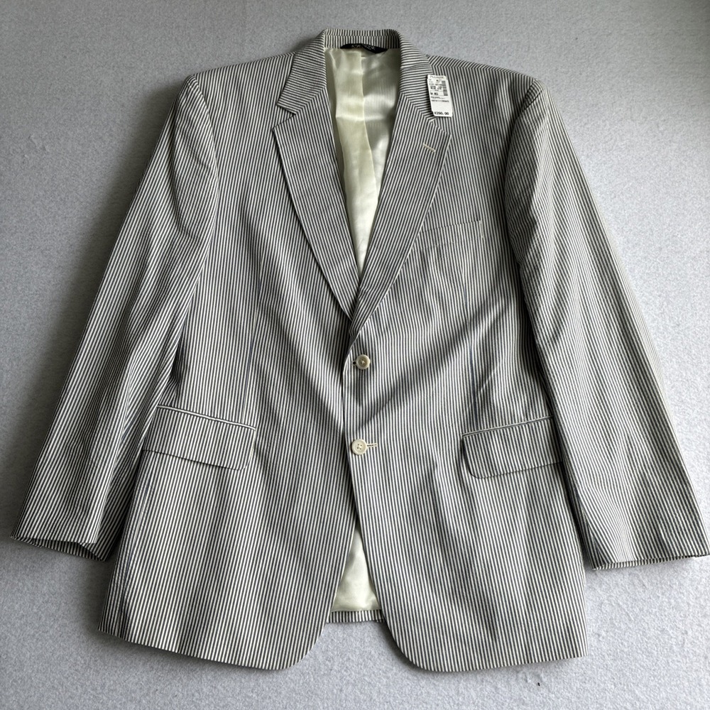 Jos A Bank Seersucker Blazer Jacket Mens Size XL Fit 44R Blue White Striped